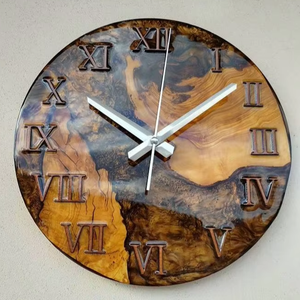 Reloj de Pared Azul Perlado Personalizado Hecho a Mano con Madera de Olivo y Resina Epoxi con Diseño de Ángel - Product Image 1