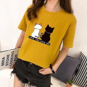 T-shirt décontracté pour femme, col rond, coton peigné, dentelle, élasthanne, écologique, lavable, bouton, imprimé à l'écran, vintage, manches courtes, jersey - Product Image 1