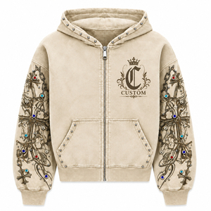 SHH INDUSTRIES Custom Vintage Washed 100% Cotton Hoodie Trendy Digital Embroidery <b>Zip</b> Sweatshirt Rhinestone Detail Street Wear - Product Image 1