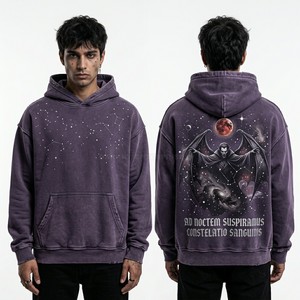 Sudadera con Capucha Morada Oversize Personalizada para Hombre, Estilo Vintage Lavado, con Estampado Gráfico Celestial, de Forro Polar Pesado, Estilo Urbano - Product Image 1