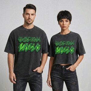 T-shirt en coton surdimensionné avec logo personnalisé brodé en 3D, effet délavé vintage, streetwear décontracté pour hommes - Product Image 3