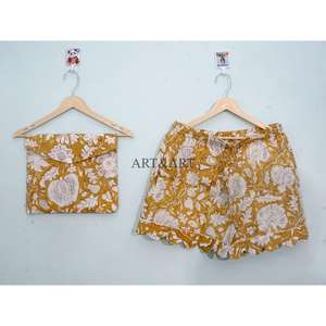 Conjunto de Pijama Corto de Algodón para Mujer, Ligero, Transpirable y Cómodo para Verano, con Encaje y Botones, Estampado Indio Hecho a Mano - Product Image 2