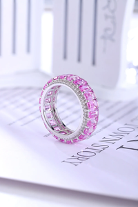 Women's 925 <b>Silver</b> Rhodium Plated Morganite Eternity Band <b>Ring</b> <b>Emerald</b> Cut Channel Setting Luxury Fine Jewelry - Product Image 5