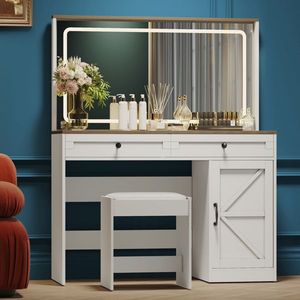 43.3\" <b>Makeup</b> Vanity Dresser Table with Large <b>Mirror</b> LED Light Strip Adjustable Brightness Dressing Desk 3 - Product Image 3