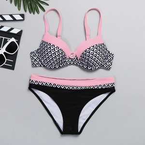 Conjunto de bikini de dos piezas para mujer, top push-up con estampado geométrico, parte inferior hipster con ribete en contraste, traje de baño elástico - Product Image 6