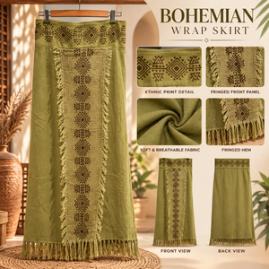 Falda Maxi Verde Oliva Artesanal con Detalles Étnicos Geométricos y Flecos |   Ropa de Algodón Natural para Mujer, Estilo Boho, para Festivales y Playa - Product Image 5