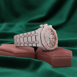 Reloj de Lujo Cronógrafo con Incrustaciones de Moissanita, Oro Rosa, Plata, Completamente Cubierto de Piedras, Acero Inoxidable - Product Image 2