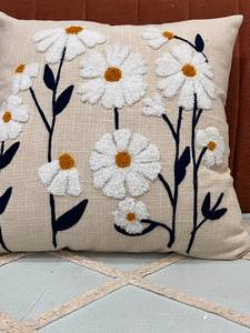 Embroidery Square Cotton Bohemian Home Decorative <b>Cushion</b> <b>Cover</b> with Daisy Floral Meadow and Dark Stem Motifs Anti-Dust Mite - Product Image 3