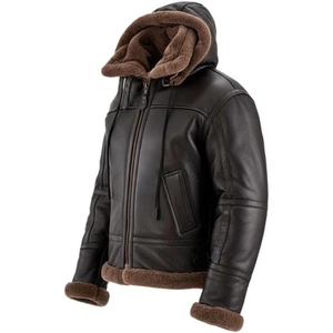 Custom Men's B3 <b>Shearling</b> Sheepskin Leather Eco-Friendly Windproof Cozy Sherpa Fur Lined Hooded Winter <b>Bomber</b> Flight <b>Jacket</b> - Product Image 3
