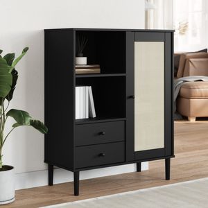 Aparador para Salón en Madera de Pino Macizo Negra y Madera Sintética con Ratán Sintético, Elegantes Armarios - Product Image 1