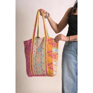 Sac fourre-tout Kantha en coton fait main, sac de courses vintage, sac à bandoulière bohème réutilisable, sac de marché écologique, été automne ouvert - Product Image 2