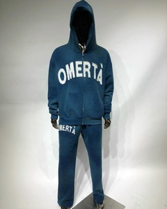 Ensemble deux pièces personnalisé pour femme, brodé avec appliqués, en coton épais délavé effet soleil, comprenant un sweat à capuche et un pantalon de survêtement à double taille - Product Image 2