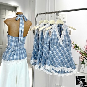 Vestido Halter a Cuadros con Encaje en Contraste para Mujer, Elegante Vestido Midi sin Mangas, Estilo Casual Chic - Product Image 1