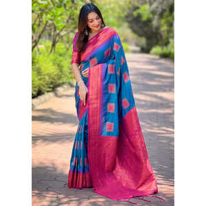 Sari en soie bleue douce Elite Weaves avec contraste tissé Zari, robes de cocktail élégantes 0,65g - Product Image 3