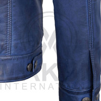 Veste en cuir de vachette bleue pour homme, coupe ajustée, col rabattu, fermeture boutonnée, longueur standard, style motard, veste en cuir bleue