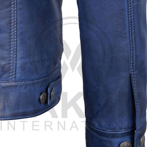 Veste en cuir de vachette bleue pour homme, coupe ajustée, col rabattu, fermeture boutonnée, longueur standard, style motard, veste en cuir bleue - Product Image 4