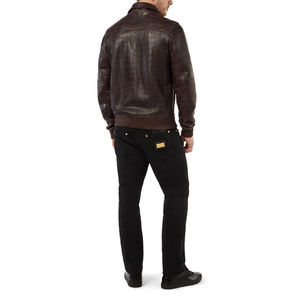 Nouvelle veste bomber en cuir véritable marron pour homme 2027, effet crocodile, fermeture éclair, col rabattu - Product Image 2