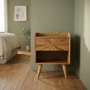 Table de chevet vintage en bois massif sculpté en forme de cube, avec un tiroir et deux compartiments, support en bois rustique pour chambre à coucher et salon - Product Image 5