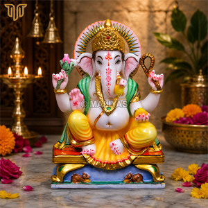 Estatua de Ganesha de Mármol Puro |   Ídolo del Dios Ganesha Hecho a Mano |   Murti de Ganpati en Mármol para Templo en Casa |   Escultura de Ganesha en Mármol - Product Image 1