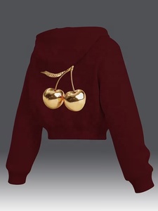 Sweat-shirt court oversize pour femme, couleur bordeaux, avec appliqué cerise dorée et imprimé au dos, manches longues, style décontracté - Product Image 1