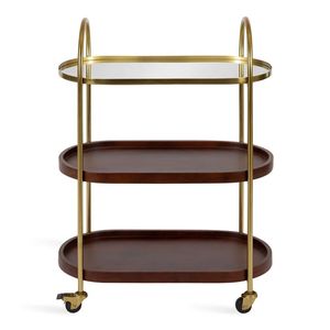 3 Tier Brass Bar Cart With <b>Mirror</b> <b>Top</b> And Wood Shelves Rolling Metal Drink Cart For Living Room Decor - Product Image 1