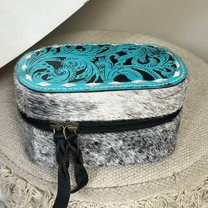 Wholesale Vintage Style Hand <b>Tooled</b> Leather Jewelry Storage Case Real Hair on Leather Ring & Necklace Organizer Portable <b>Box</b> - Product Image 4