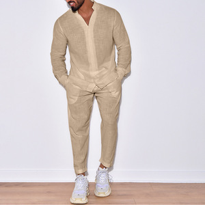 Polyester <b>Knitted</b> Breathable Casual Summer Solid Long Sleeve Shirt Overalls Long Pants Men's 2 Piece <b>Set</b> 320g - Product Image 4