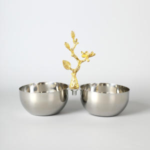 Bol de service double en argent de luxe avec poignée en forme de branche florale dorée, élégant plateau à noix double en métal pour une décoration intérieure haut de gamme - Product Image 4