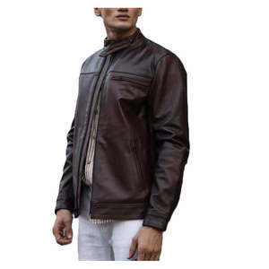 Men's Classic <b>Brown</b> Caf Racer <b>Leather</b> <b>Jacket</b> with Mandarin Collar - Product Image 1