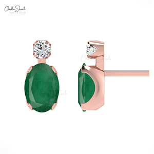 Produits Tendances : Boucles d'oreilles clous 7x5mm en émeraude zambienne et diamant, en or massif 14 carats, avec fermoir poussoir – Fournisseur en gros - Product Image 2