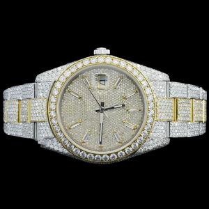 Montre Hip Hop pour homme, design personnalisé, cadran rond, deux tons, diamants Moissanite, fonction date automatique, diamants certifiés. - Product Image 1