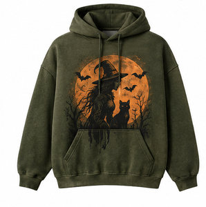 Sudadera con Capucha de Gato Bruja de Halloween, Unisex, Verde Oliva, 100% Algodón, Corte Regular, Estampado Digital, con Bolsillo, Informal, para Invierno - Product Image 1