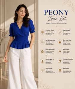 Conjunto de Lino/Algodón Bohemio Sólido Hecho a Mano Directo de Fábrica para Mujer, Top Peplum Casual Azul con Cuello en V y Pantalones Anchos Blancos Talla XL - Product Image 3