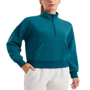 Custom <b>Women</b> <b>Half</b> <b>Zip</b> <b>Sweatshirt</b> Oversized Drop Shoulder Pullover Heavyweight Fleece Crop Top Active wear Winter Warm Apparel - Product Image 1