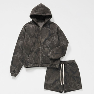 Custom Logo Printed Acid Wash <b>Zip</b> Hoodie & Shorts Set Heavyweight 100% Cotton 400 GSM Fleece Oil Wash Sets For Streetwear Unisex - Product Image 1