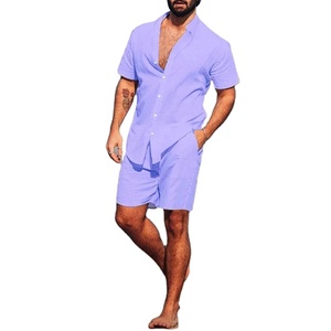 Conjunto de chándal de lino de lujo para hombre, camisas de manga corta con cuello levantado de Color sólido de verano, pantalones cortos, ropa de calle, traje de 2 piezas - Product Image 5