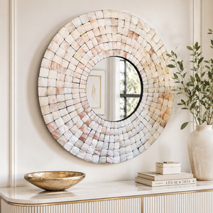 Elegant Wooden Wall Mirror Handcrafted Seashell <b>Mosaic</b> Inlay Traditional Framed Design Eco-Friendly Durable Decorative Mirror - Product Image 3