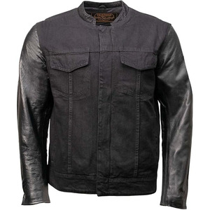 Veste de moto en denim noir pour homme SAMROZ SPORTS avec manches en cuir et patch au dos - Product Image 1