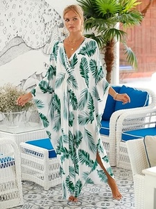 Tropical Print V Neck Maxi Dress Loose Batwing Sleeve Chiffon Wrap Front Summer Beachwear Women's Boho Long Dress - Product Image 5