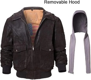 Chaqueta Bomber de Cuero Genuino Marrón para Hombre, Cuello Camisero, Cierre de Cremallera, Estilo Vintage con Bolsillos, para Otoño - Product Image 2
