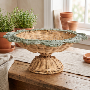 Bol sur piétement en rotin festonné, panier à fruits en fibre naturelle tressée avec support, centre de table décoratif artisanal pour la cuisine - Product Image 4