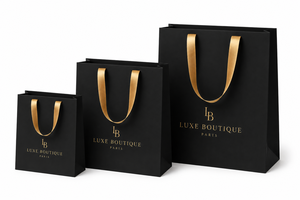 Sac de shopping en papier noir de luxe avec poignées en ruban doré, taille moyenne, emballage cadeau haut de gamme - Product Image 2