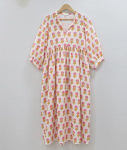 Vestido midi tipo túnica de algodón con estampado floral formal hecho a mano en India |   Vestido de Verano Transpirable con Cintura Natural - Product Image 1