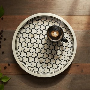 Bandeja de Servir Redonda de Lujo Hecha a Mano con Incrustaciones de Hueso, Mosaico Geométrico Blanco y Negro, Bandeja Decorativa para Mesa de Centro, Otomana, Desayuno - Product Image 2