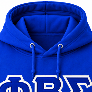 Blue <b>Mens</b> Fleece Hoodie With <b>White</b> Greek Letter Applique Drawstring Collar Kangaroo Pocket Ribbed Cuffs <b>Sweatshirt</b> Pullover - Product Image 5