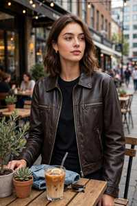 <b>Women's</b> <b>Brown</b> Genuine <b>Leather</b> Eco-Friendly Winter Moto <b>Jacket</b> Turn-down Collar Single Button Closure Long Sleeve Short - Product Image 5