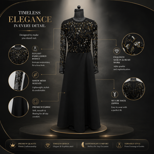 Vestido de Noche Negro de Lujo con Bordado para Mujer |   Vestido Largo de Fiesta Formal con Lentejuelas y Malla Premium, Manga Larga, para Cóctel, Boda, Maxi - Product Image 5