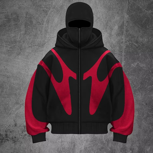 Sweat-shirt à capuche zippé color block rouge et blanc pour homme, style streetwear oversize, en polyester tricoté, manches régulières, style automne - Product Image 5