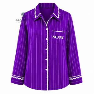 NCNW Sorority Women's Striped Pajama Set Button Front Long Sleeve Sleepwear Contrast Trim Lounge <b>PJs</b> With Drawstring Pants - Product Image 2