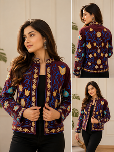 Elegant Embroidered Velvet Jacket With Mandarin Collar Floral Pattern Autumn Women's Short Coat Full Sleeve Polyester <b>Material</b> - Product Image 5